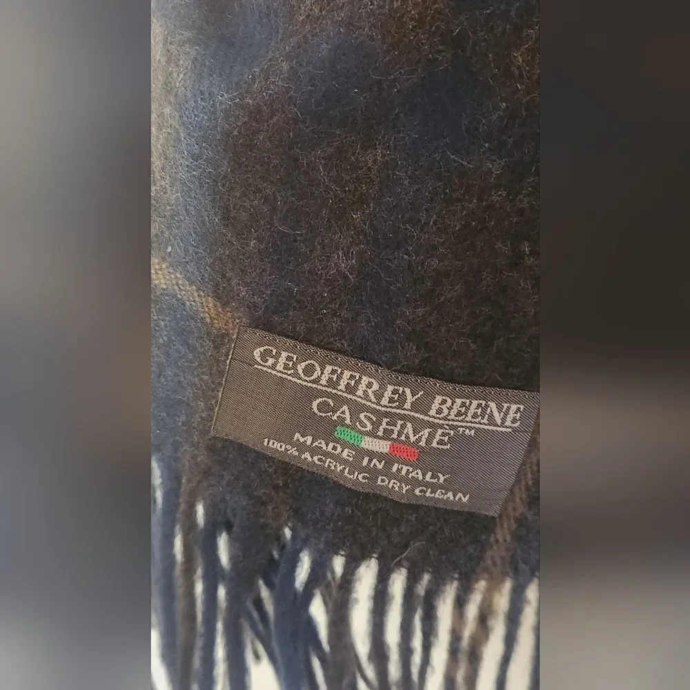 Geoffrey Beene Cashme Brown Navy Plaid Fringe Acrylic Scarf Shawl Italy 66x12.5”